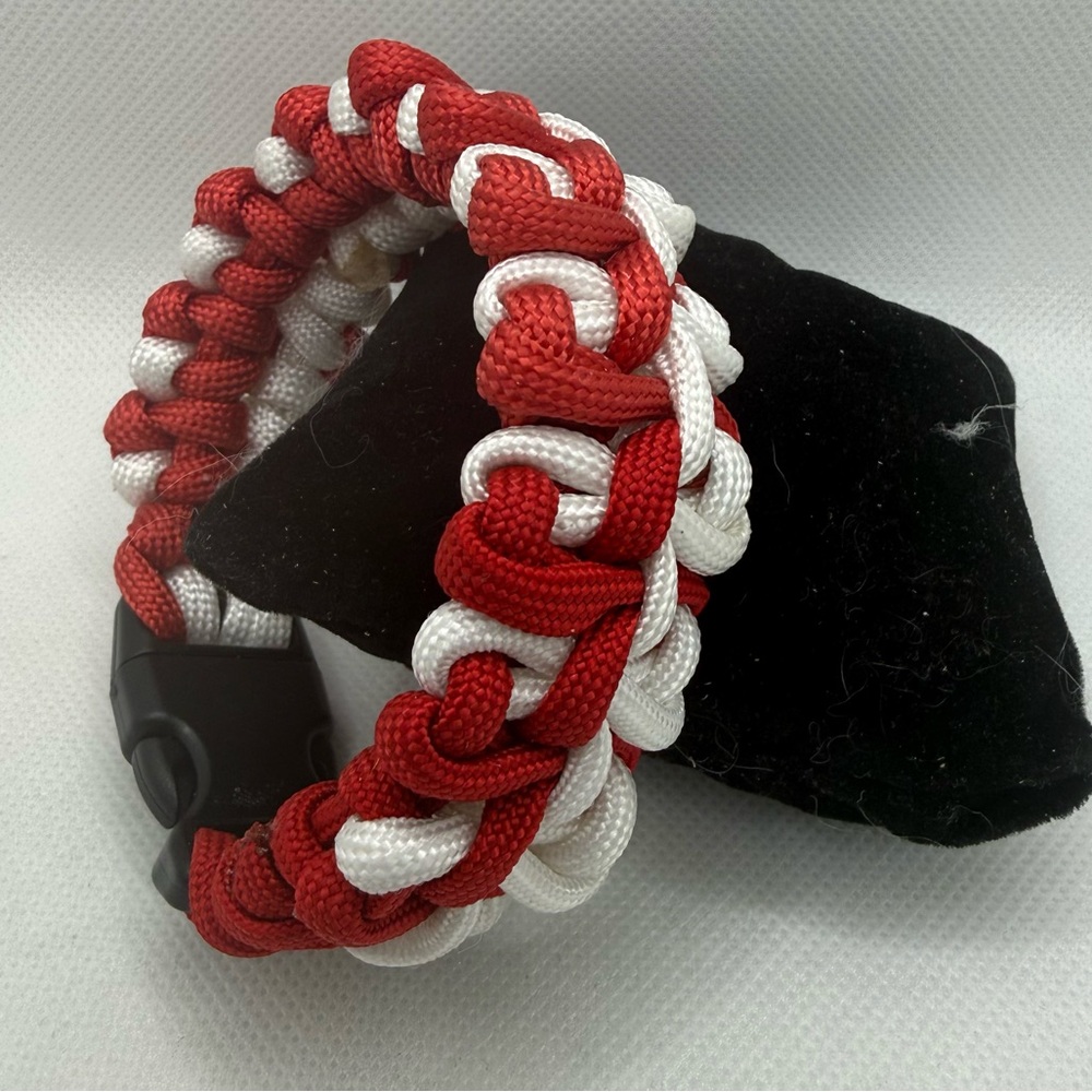 Handmade Red & White Paracord Bracelet with Side Release Buckle